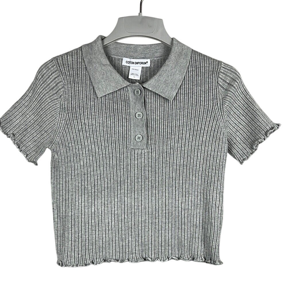 Cotton Emporium Womens Gray Ribbed Cropped Polo Shirt Size XL NWT